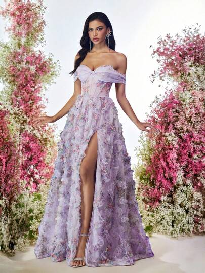 Glamrae Elegant Multi-Color Romantic Tulle 3D Floral Print Off Shoulder High Slit Maxi Dress, Sheer Overlay A-Line Evening Gown