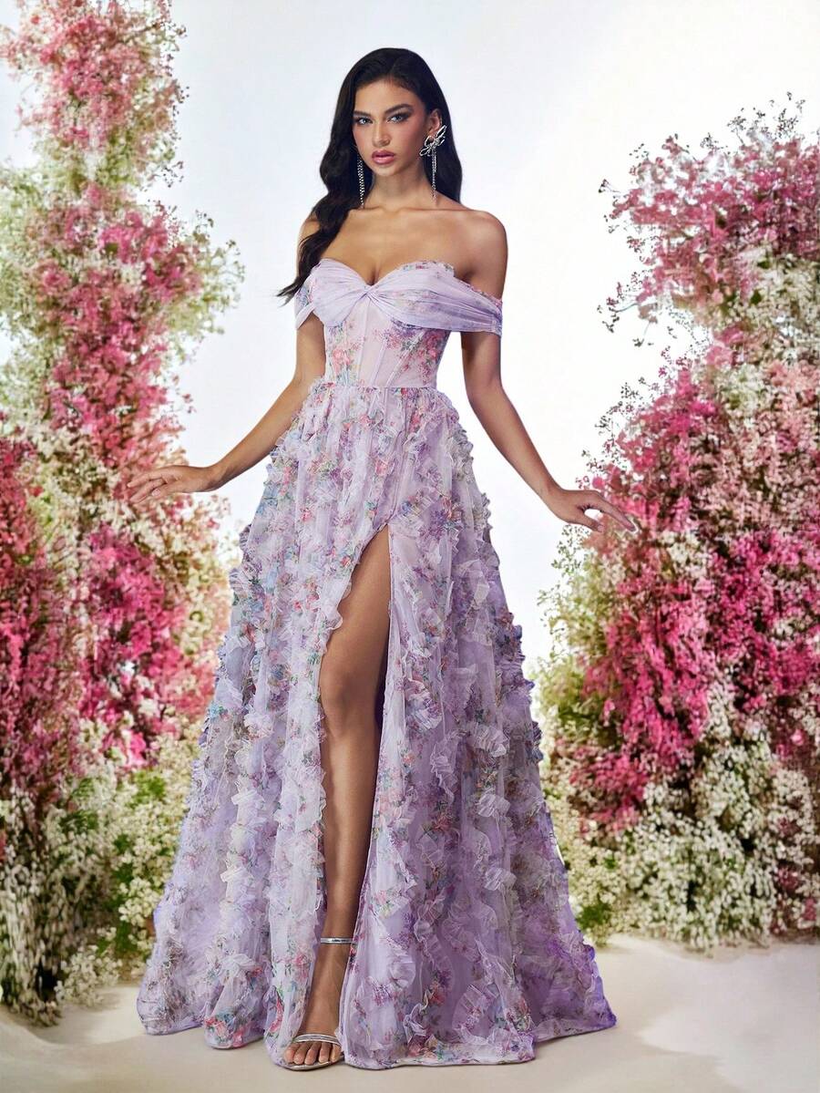Glamrae 优雅多色浪漫薄纱 3D 花卉印花露肩高开衩长裙，透明覆盖 A 字晚礼服 - 淡紫色 - 查看 1