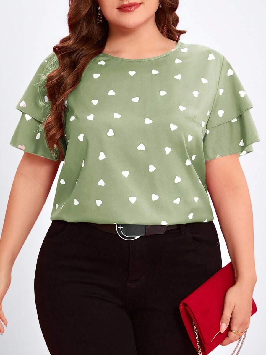 Reflora Plus Size Round Neck Short Sleeve Ruffle Hem Heart Print Loose Blouse, Summer - Mint Green - View 1