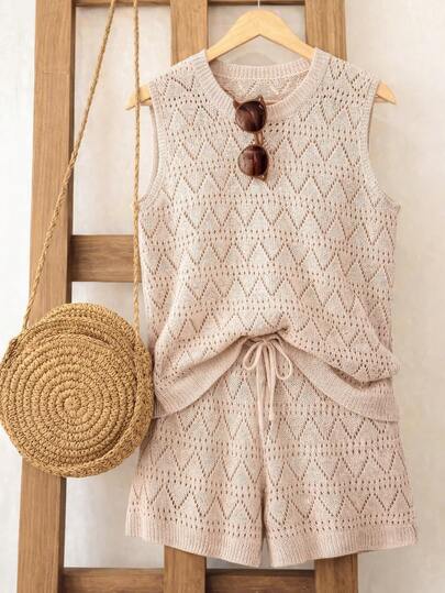 Franclia 2 piezas Conjunto de chaleco holgado de punto y shorts calados de estilo europeo y americano, diseño bohemio vintage para vacaciones en la playa, suéter de cuello redondo, verano