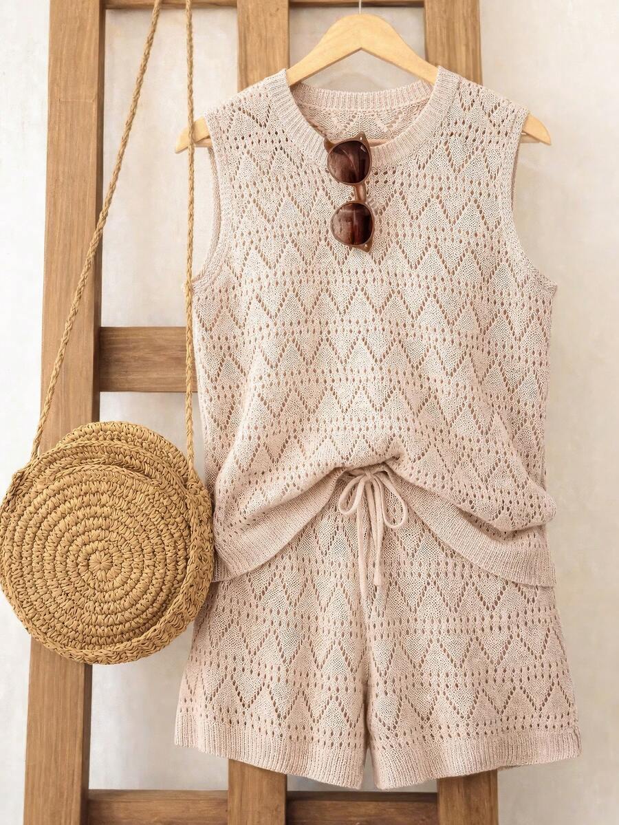 Franclia Bộ 2 món áo vest dệt kim rộng rãi và quần short khoét lỗ dành cho nữ, kiểu dáng châu Âu & Mỹ, áo len cổ tròn phong cách boho cổ điển, áo len móc mùa hè, bộ quần short mùa hè, bộ quần short boho, bộ quần short nữ, bộ quần short thường ngày. - Màu Khaki - Xem 1