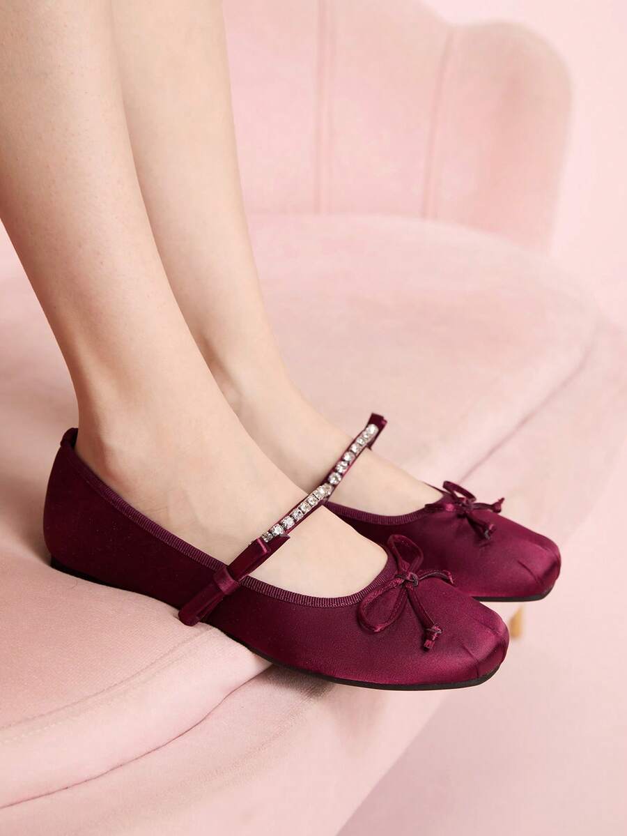 CUCCOO DOLLMOD Valentine's Day Women's Beige Ballet Flats With Bow Detail For Summer Christmas Fall New Year Holiday Valentines Valentine's Day - Deep burgundy - View 1