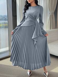 Modelyn 女士优雅褶裥腰身连衣裙，纯色，款式端庄，适合春秋季穿着 - 藍色 - 查看 4