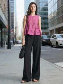 Ontre 2026SS New Solid Pink Round Neck Sleeveless Fashion Versatile Women's Shirt, Suitable For Valentine's Day, Wedding Season, Wedding Guest Attire, Holiday Party, Romantic Valentine's Day, Sleeveless Top, Designed, Loose Fit, Spring/Summer, Women's Office Wear, Women's Casual Outerwear, Casual, Spring/Summer Women's Clothing, Independence Day, Urban Chic, Minimalist Stylish Commuter Women's Shirt - Pink - View 1