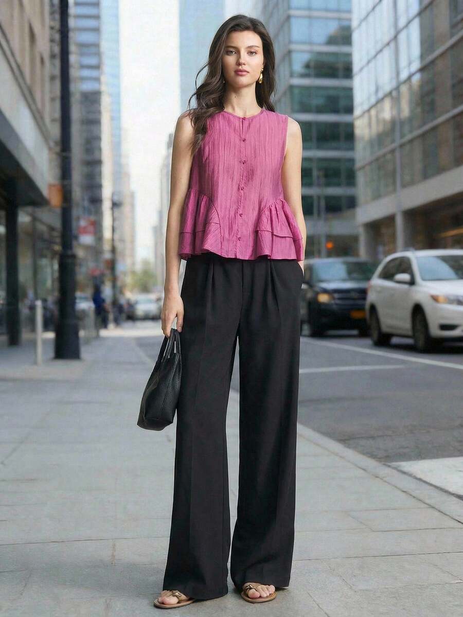 Ontre 2026SS New Solid Pink Round Neck Sleeveless Fashion Versatile Women's Shirt, Suitable For Valentine's Day, Wedding Season, Wedding Guest Attire, Holiday Party, Romantic Valentine's Day, Sleeveless Top, Designed, Loose Fit, Spring/Summer, Women's Office Wear, Women's Casual Outerwear, Casual, Spring/Summer Women's Clothing, Independence Day, Urban Chic, Minimalist Stylish Commuter Women's Shirt - Pink - View 1