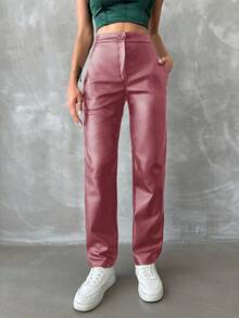 EURMUSE Women'S Solid Color Pu Leather Pants - Pink - View 3