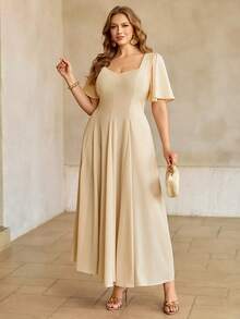 Roveilla 加大码女式纯色褶皱方领拼接腰部A字喇叭下摆可调节松紧袖短袖杏色超长连衣裙，优雅复古法式浪漫简约正式办公通勤商务休闲海滩度假街头风下午茶居家舒适日常休闲浪漫情人节约会婚礼派对女士优雅连衣裙，中东女装春夏新款 - 杏色 - 查看 5