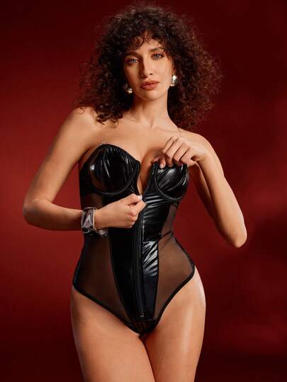 Black Personalized Punk Charming Exquisite Zipper Bandeau Mesh Patchwork PU Patchwork Waist Slimming Party Queen Ladies Lingerie Jumpsuit