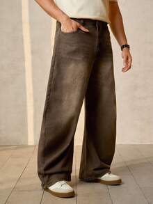 RONVEXI Quần jeans ống rộng dáng suông phong cách retro Y2K dành cho nam giới, màu nâu bạc, dành cho đường phố. - màu nâu - Xem 1