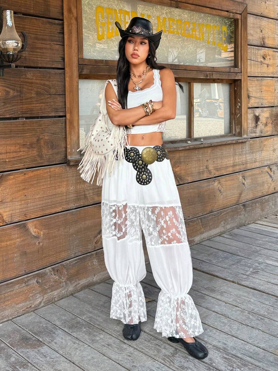 Muchica Women's Casual Daily Contrast Mesh Floral Embroidery Ruffle Hem Long Pants - White - View 1