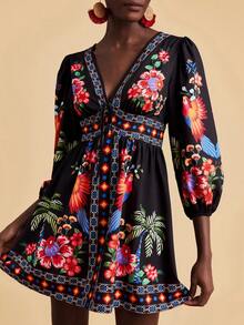 Travachic Women's Fitted V-Neck Mini Dress With Printed Woven Fabric, Suitable For Spring/Summer Vacation,Vacation Casual Terno Outfit For Women,Summer Holiday Outfits,Spring Break Outfits,Party Outfit,Beach Outfit,Spring Clothing,Valentine's Day,Valentine Outfits For Women,Carnival Costume,Elegant,Floral,Carnival,Spring To Summer ,Party ,Summer Dress,Valentine's Day Dress,Wedding Guest Dress For Women,Birthday Dress,Party Dress,Elegant Dresses For Women,Floral Dress,Summer Dress,Carnival Costume,Red Dress, Mexican Style Dress Women Boho Dress For Women Flower Dress Woman Hibiscus Dress 3d Floral Dresses For Women - Multicolor - View 6