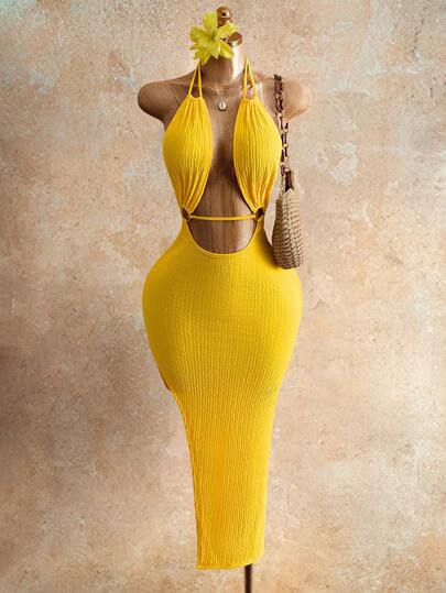 Mistrie 女士夏季度假纯色纹理露背开衩吊带连衣裙