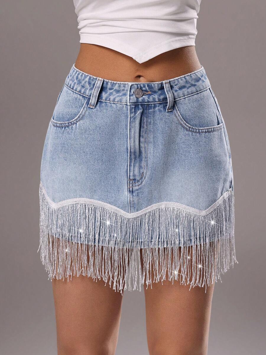 TRNVIE 女士时尚流苏边牛仔迷你裙 - 淺色水洗藍 - 查看 1