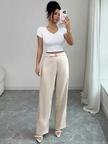 Elenzga 新款简约搭扣直筒休闲女裤 - 卡其色 - 查看 6