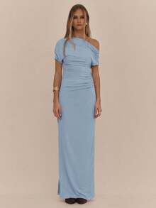 MUSERA Asymmetrical Shoulder Ruched Side Split Maxi Dress Spring Romantic Birthday Prom Wedding Guest Graduation Holiday Ibiza Beach Festival Fall Wedding Guest, Elegant , , Fall,  Summer Long Dress - Blue - View 3