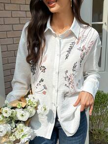 Vivie Lora 女士休闲通勤植物印花衬衫 - 白色 - 查看 2