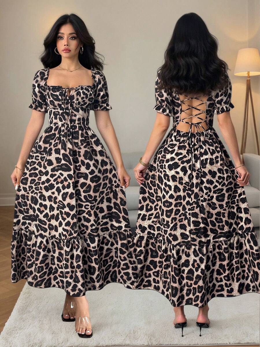 SHEIN Elenzya Breezaya 大码方领蝴蝶结豹纹交叉露背连衣裙（女款） - 彩色 - 查看 1
