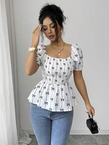 Elenzga Blusa con cuello cuadrado, mangas con volantes y bajo con volantes estampada - Blanco - Ver 1