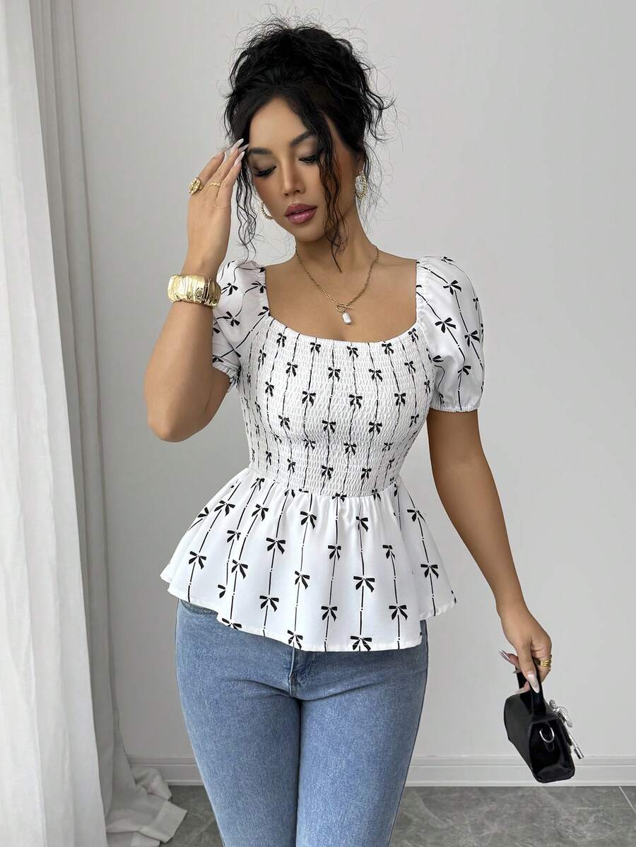 Elenzga Blusa con cuello cuadrado, mangas con volantes y bajo con volantes estampada - Blanco - Ver 1