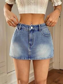 Rivivi Women's Casual Everyday Denim Skirt With Pockets And Buttons - Blue - View 1