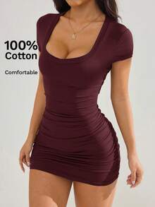 SHEIN PETITE Đầm mùa hè trơn, đầm ôm sát xếp ly. - Màu đỏ tím - Xem 2