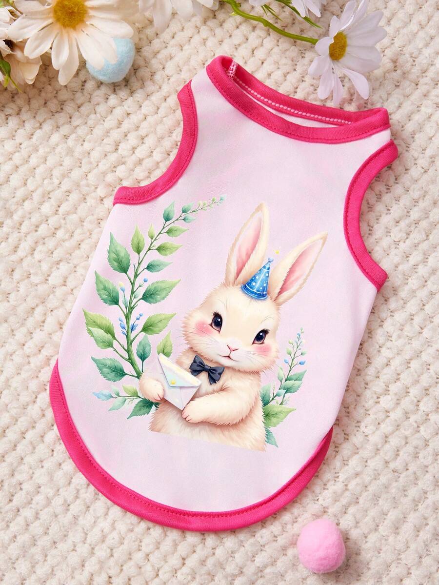 PETSIN 1 件可爱兔子信封图案宠物背心，树叶印花，浅粉色，粉色，亲肤透气宠物服装 - 彩色 - 查看 1