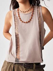 Bohemela Top corto de punto de un solo color lavado para mujer - Albaricoque - Ver 5