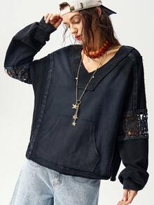 Bohemela 休闲针织拼接半拉链宽松水洗女式卫衣 - 黑色 - 查看 4