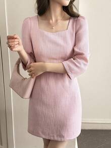 DAZY Square Neck Elegant Dress For Women Summer - Pink - View 5
