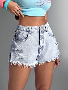 SHEIN ICON Quần short denim rách gấu dáng casual thời trang dành cho nữ cỡ lớn. - Rửa nhẹ - Xem 8