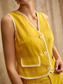 MOTF PREMIUM CONTRAST TRIM BUTTON UP VEST & SHORTS SET - Mustard Yellow - View 1