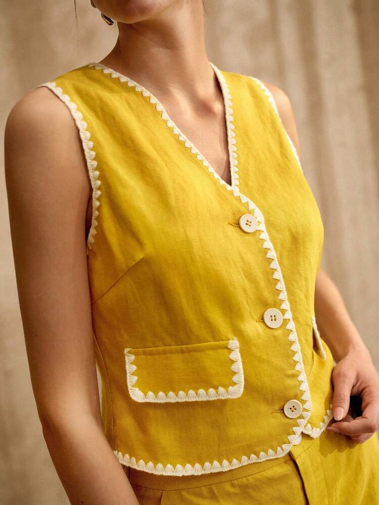 CONTRAST TRIM BUTTON UP VEST & SHORTS SET