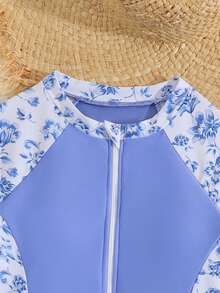 SHEIN Tween Girls Ditsy Floral Long Sleeve Bikini Set,Blue White Striped,Summer,Holiday,Pool Party,Holiday,2-Piece Rash Guard Modest Swimsuit For Teens - Blue - View 3