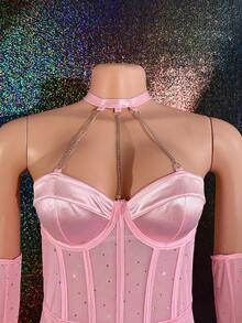 5pcs Sequin Mesh Patchwork Satin Front Metal Chain Underwire Sexy Jumpsuit Set - Pink - View 9