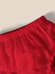 SHEIN 新生儿简约舒适柔软纹理荷叶边下摆松紧腰裤 - 紅色 - 查看 4