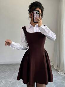 Selianne 新款女士连衣裙，方领无袖A字下摆褶皱高弹力纯色修身连衣裙，时尚百搭，通勤休闲，收腰显瘦，优雅精致的意式连衣裙，适合春、夏、秋、冬四季穿着。 - 棕色 - 查看 7