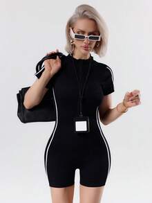 SHEIN Sports Women's Front Zipper Sports Jumpsuit, Ribbed Tight-Fitting Contrast Color Fashionable Stand Collar Seamless Yoga Fitness Romper - Black - View 4