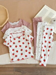 SHEIN LMoss Kids 女婴可爱卡通熊和花卉印花荷叶边圆领短袖上衣和裤子六件套休闲舒适针织睡衣套装 - 彩色 - 查看 5