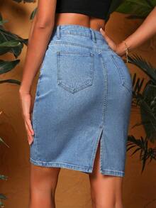 Women's Casual Denim Skirt With Pockets - Blue - View 2