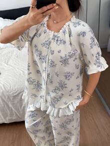 DAZY Conjunto de pijama holgado para mujer con bordado floral y ribete de volantes - Blanco - Ver 5