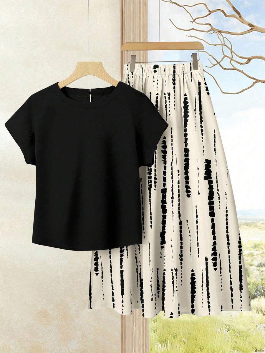 Rusticease 2件套女士度假休闲纯色黑色上衣+扎染印花半裙套装 – 夏季波西米亚风半裙上衣套装，适合海滩、游轮、音乐节、演唱会、婚礼宾客、城市旅行、海岛度假等场合。 - 彩色 - 查看 1