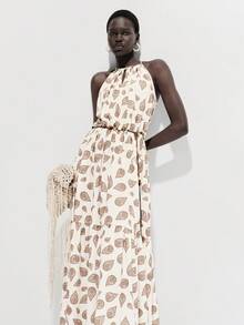 Lumivelle Women's Vacation Cashew Floral Print Ruffle Hem Halter Neck Dress - Apricot - View 4