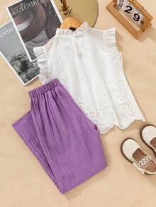 SHEIN 2pcs/Set Tween Girls Pure White Cap Sleeve Top With Frill Stand Collar, Hidden Button Closure, Pleated Texture; Paired With Loose Fit Light Purple Wide Leg Pants With Vertical Ribbed Texture, Elastic Waistband, Suitable For Spring, Summer And Early Autumn - Multicolor - View 2