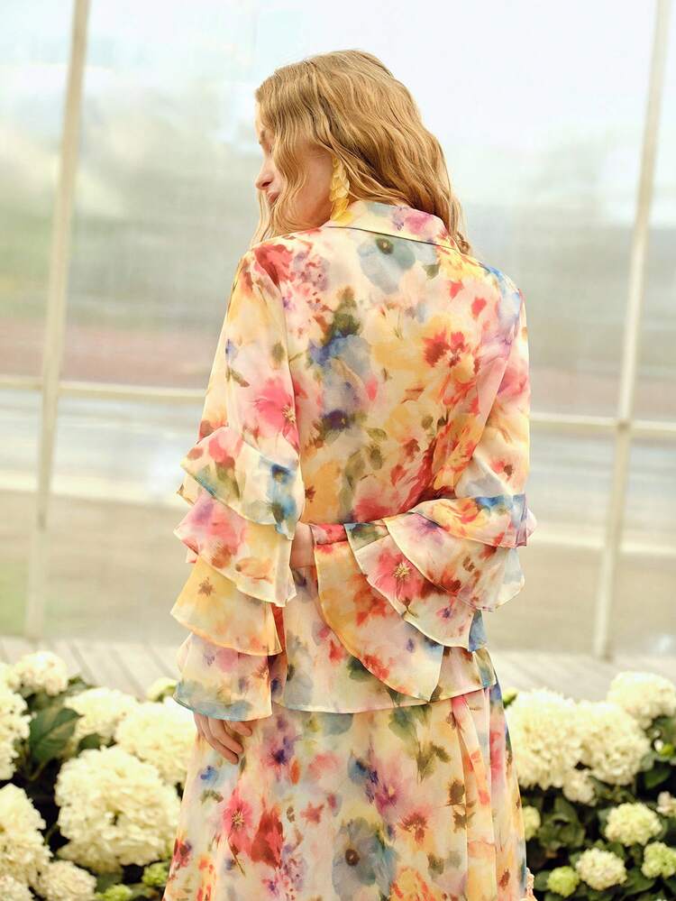 CHEMISE ÉLÉGANTE À MANCHES LONGUES AVEC DÉTAILS VOLANTÉS ET IMPRIMÉ FLORAL ROMANTIQUE POUR FEMMES, PRINTEMPS/ÉTÉ