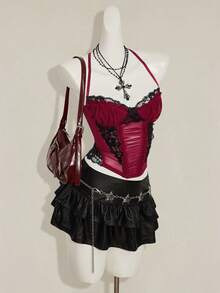 SHEIN ICON Y2K复古蕾丝撞色拼接细肩带吊带背心，适合春夏穿着 - 酒紅色 - 查看 5