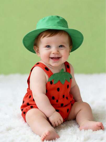 SHEIN 男婴夏季新生儿可爱趣味西瓜图案梭织宽松可调节后背连体衣，适合作为一周岁礼物、生日派对、户外玩耍等。