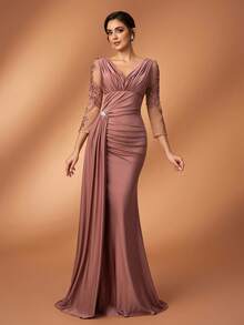 Serin 优雅奢华的镶钻串珠拼接弹力针织泳衣，褶皱美人鱼裙摆，薄纱袖子，适合婚礼、派对、度假、新娘、新娘母亲晚礼服 - 藕粉色 - 查看 7