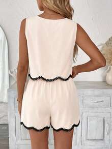 Easowa Damen Lässig einfarbiges Rüschenbesatz besticktes Blumen-Ärmelloses Top und Shorts 2-Teiliges Set, geeignet für Sommerurlaub und Alltagstragen - Khaki - Übersicht 8