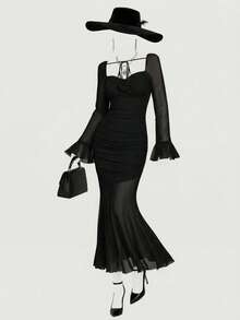 SHEIN MOD Đầm đuôi cá tay chuông màu đỏ cỡ lớn dành cho nữ, trang phục sinh nhật cho nữ, phong cách cổ điển, thập niên 2000, Fairycore, lễ hội, Gothic, đầm dự tiệc cưới cho nữ, đầm sinh nhật cho nữ, đầm dự tiệc cho nữ, Fairycore, đầm đi chơi, đầm dự tiệc cưới mùa thu. - màu đen - Xem 7