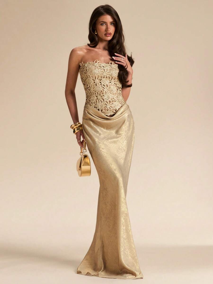 SHEIN BAE Solid Gold Hollow Textured Floral Women's Fitted Bustier Dress, Elegant Dress, Summer Tight Hollow Bodycon Dress, Beach Vacation, Party, Music Festival, Brunch Dress, Wedding Guest Attire, Bridesmaid Dress, Birthday Dress - Gold - View 1